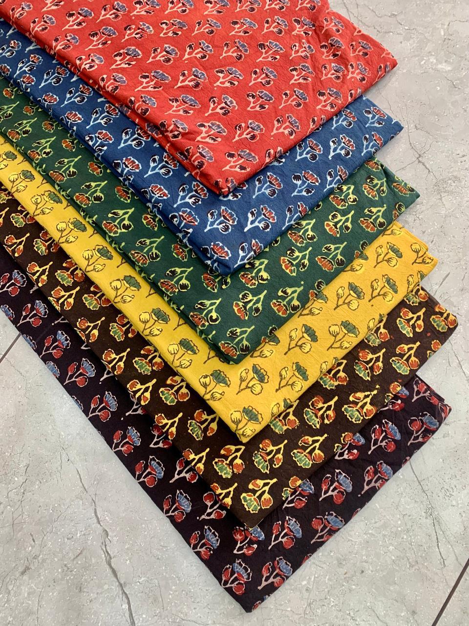 Ajrakh handblock printed pure cotton fabric wholesale in multi natural butti pattern